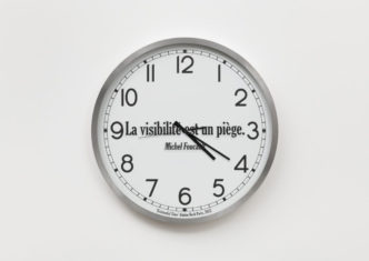 Joseph Kosuth, Quoted Clock, 2022, clock and vinyl, ø15 3/4 x 1 3/4 inches (40 x 4.5 cm), Courtesy the artist and Almine Rech Gallery