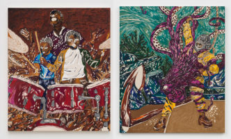 Left: Chase Hall, the family was all around me, 2020, Acrylic and coffee on cotton canvas, 183 x 152.5 cm / 72 x 60 in, © Chase Hall, Courtesy the artist and Galerie Eva Presenhuber. Right: Chase Hall, The Ocean’s Floor, 2021, Acrylic and coffee on cotton canvas, 183 x 152.5 cm / 72 x 60 in, © Chase Hall, Courtesy the artist and Galerie Eva Presenhuber