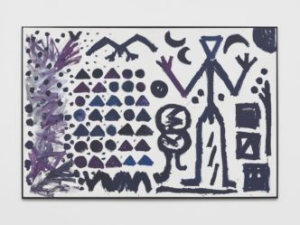 A.R. Penck, Die Falsche Vorstellung von Ordnung, 1982, Synthetic resin on canvas, 78 9/16 × 118 1/8 in. (199.5 × 300 cm)80 5/16 × 119 11/16 × 1 9/16 in. (204 × 304 × 4 cm) (framed), Courtesy  White Cube Gallery