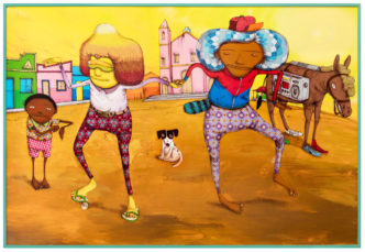 OSGEMEOS, Breakdance no Sertão, 2017, Mixed media with sequins on MDF, 111.42 x 76.38 inches, 283 x 194 cm, © OSGEMEOS, Courtesy the artists and Lehmann Maupin Gallery