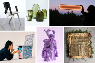 Photo clockwise: Ineke Hans, Rex, 2021, first Dutch deposit chair, made from recycled polyamide (old office furniture, fishing nets, carpet and industrial waste), coll. Stedelijk Museum Amsterdam, donation Circuform, De Meern, 2022 / Simón Ballen Botero, Suelo Orfebre (Goldsmith’s Soil), 2018, glass made of jagua, a waste product from goldmining / Marjan van Aubel, Sunne, 2022, lamp with Sun Power solar cells, aluminum, recycled plastic, coll. Stedelijk Museum Amsterdam / Diana Scherer, InterWoven - Exercises in Root System Domestication, 2021-22, grown textile from oat roots / Audrey Large, MetaBowl #6, 2021, recycled 3D printed plastic, coll. Stedelijk Museum Amsterdam. Photo: Alaa Abu Asad. Nilufar Gallery-Far Edition / Space Available X Peggy Gou, Peggy Chair, 2021, chair made of recycled high-density polyethylene (HDPE), coll. Stedelijk Museum Amsterdam, donation of Space Available, Bali, Indonesia, 2022.