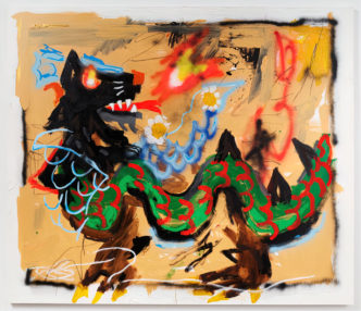 Robert Nava, Cat Dragon, 2021, Acrylic and grease pencil on canvas, 72 × 82 in, 182.9 × 208.3 cm, © Robert Nava, Courtesy the artist and Pace Gallery