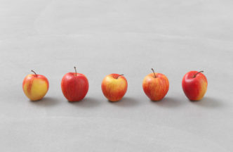 Ugo Rondinone, still.life. (five apples in a line), 2011, cast bronze, lead, paint, 5 parts, © Ugo Rondinone, Courtesy the artist and Galerie Eva Presenhuber, Photo: Stefan Altenburger Photography, Zurich