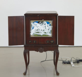 Nam June Paik, Untitled (RCA Victor), 1996, Single-channel video with 22-inch monitor, 43 ½ × 37 ½ × 35 inches (110.5 × 95.3 × 88.9 cm), © Nam June Paik Estate. Photo: Rob McKeever, Courtesy Nam June Paik Estate and Gagosian