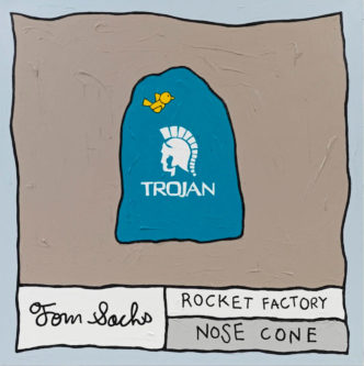 Tom Sachs, Trojan Nose Cone with Birdie Sticker, 2022, Synthetic polymer and Krink on canvas, 121.9 x 121.9 cm, ©Tom Sachs, Courtesy the artist and Thaddaeus Ropac Galerie