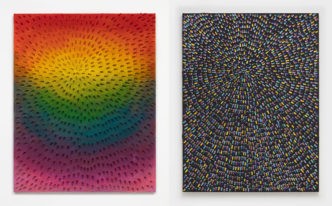 Left: Jennifer Guidi, Rainbow Orb (Painted White Sand SF #1B, Natural Ground, Rainbow), 2017, sand and acrylic on linen, 34 x 27 inches, (86.4 x 68.6 cm), © Jennifer Guidi, Courtesy the artist and The Long Museum. Right: Jennifer Guidi, An Endless Reflection of Your Beautiful Energy (White #2 PT, Black Sand SF #2E, Multicolor, Black Ground), 2020, sand, acrylic, and oil on linen, 76 x 58 inches, (193 x 147.3 cm), © Jennifer Guidi, Courtesy the artist and The Long Museum