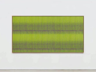 Mika Tajima, Negative Entropy (Digital Ocean NYC2, 4U NAS Unit, Fluorescent Green, Hex), 2020, Cotton, wool acoustic bafﬂing felt, and wood, 54 x 108 inches (137.2 x 274.3 centimeters), Photography by Charles Benton, New York, © Mika Tajima, Courtesy the artist and Pace Gallery