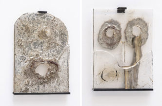 Photo Left: A.K. Burns, When It Leaks It Pours, 2019, glass, silver nitrate, copper mesh, , hanging support created by the artist 19.29 x 13.78 x 0.79 inches, © A.K. Burns, Courtesy the artist and Michel Rein Galerie. Right: A.K. Burns The Cry, 2019, glass, silver nitrate, copper mesh, carbon, , hanging support created by the artist 20.08 x 15.35 x 0.79 inches, © A.K. Burns, Courtesy the artist and Michel Rein Galerie