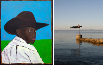 Left: Gala Knörr, Young Cowboy Gazing, 2022, Oil and oil pastel on canvas, 162 x 130 cm, Artist’s collection, Photo © Gala Knörr. Right: Diego Vivanco, Human Flag, 2013, Lenticular image, 140 x 105 cm, Artist’s collection, Photo © Diego Vivanco