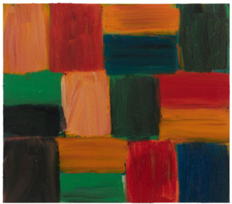 Sean Scully. Wall Paris Blue, 2021. Oil on linen. 193 x 193 x 7.6 cm (76 x 76 x 3 in), © Sean Scully. Photo: Elisabeth Bernstein, Courtesy Thaddaeus Ropac gallery