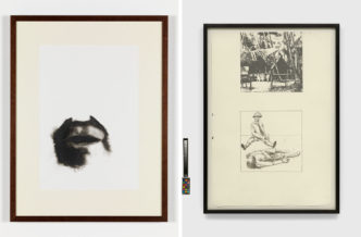 Left: Juan Muñoz, Portrait of a Turkish Man Drawing, 1995, Oilstick and on paper, 70 x 54 cm, Private collection. Right: Juan Muñoz, An Outpost of Progress, 1992, Mixed media on paper, 112 x 75 cm, Private collection