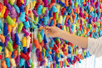 rena Lagator Pejović, Nets, Nodes, Horizons, 2020. Interactive wall installation (hand-made colored yarn balls, nets, nodes), 105 × 620 cm. Courtesy of the artist. Photo: Lazar Pejović