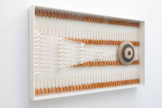 Prune Nourry, Diorama Cible, 2022, Box, metal, wood, arrows, 252 × 141 × 28 cm, 99 2/8 × 55 1/2 × 11 in, © Prune Nourry, Courtesy the artist and Galerie Daniel Templon