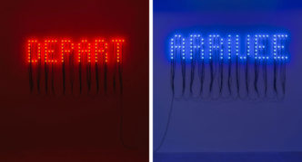 Christian Boltanski, Départ – Arrivée, 2015, 2 pieces; 86 red light bulbs, 99 blue light bulbs, electric wire, 126 × 122 × 4 in, 320 × 309.9 × 10.2 cm, Edition of 3, Courtesy Marian Goodman Gallery