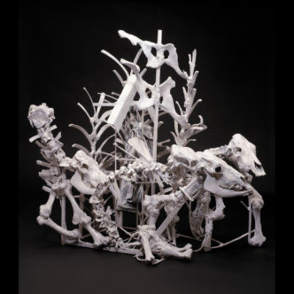 Thornton Dial, Lost Cows, 2000-2001, Cow skeletons, steel, golf bag, golf ball, mirrors, Splash Zone, and enamel, 76 1/2 x 91 x 52 inches, © Estate of Thornton Dial / Artists Rights Society (ARS), New York, Collection of de Young Museum, San Francisco