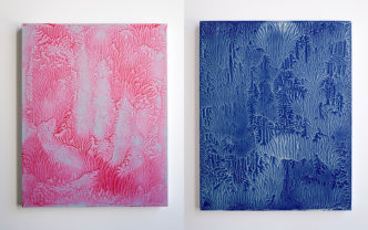 Left & Right: Julien Discrit, from the series “Aftertouch”, 2022, Acrylic on canvas, Titled, dated, signed on the back, © Julien Discrit, Courtesy the artist and Galerie Anne-Sarah Bénichou