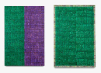 McArthur Binion, DNA:Study, 2019, Ink, oil paint stick, and paper on board, 72 x 48 x 2 inches, 182.9 x 121.9 x 5.1 cm, © McArthur Binion, Courtesy the artist and Lehmann Maupin Gallery. Right: McArthur Binion, DNA:Study (detail), 2019, Ink, oil paint stick, and paper on board, 72 x 48 x 2 inches, 182.9 x 121.9 x 5.1 cm, © McArthur Binion, Courtesy the artist and Lehmann Maupin Gallery