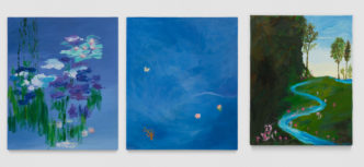 Left: Karen Kilimnik, waterlilies in the sky by Monet, 2021, Water soluble oil color on canvas, 61 x 51 x 2.5 cm / 24 x 20 x 1 in, © Karen Kilimnik, Courtesy the artist and Galerie Eva Presenhube Center Karen Kilimnik, the Spring zephyr, 2021, Water soluble oil color on canvas, 61 x 51 x 2.5 cm / 24 x 20 x 1 in, © Karen Kilimnik, Courtesy the artist and Galerie Eva Presenhuber Right: Karen Kilimnik, the midlands, the elven stream, 2022, Water soluble oil color on canvas, 35.5 x 28 x 2.5 cm / 14 x 11 x 1 in, © Karen Kilimnik, Courtesy the artist and Galerie Eva Presenhuber