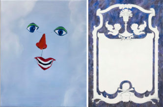 Left:  Sébastien Bonin, Falcone Exotique, 2022 oil on canvas, 40 x 30 cm (15.75 x 11.81 in, © Sébastien Bonin, Courtesy the artist and Michel Rein Gallery. Right: Sébastien Bonin, Mourir avant de naître, 2022, oil and pencil on canvas, 200 x 140 cm (78.74 x 55.12 in),  © Sébastien Bonin, Courtesy the artist and Michel Rein Gallery