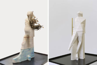 Left: Antoine Renard, Impressions, après Degas (#006), 2019, 3D printed ceramic, ink, immortelle dry flowers, fragrances (jasmine, muskarome), metal bracket, 70 x 20 x 35 cm (27 9/16 x 7 7/8 x 13 25/32 in.), 180 x 50 x 60 cm (70 7/8 x 19 11/16 x 23 5/8 in.), © Antoine Renard, Courtesy the artist and Galerie Nathalie Obadia Right: Antoine Renard, Impressions, après Degas (#030), 2020 , 3D printed ceramic, brass, fragrances (tetrahydroionol, coco), metal bracket, 61 x 21 x 18 cm (24 1/32 x 8 9/32 x 7 3/32 in), © Antoine Renard, Courtesy the artist and Galerie Nathalie Obadia