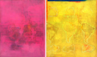 Left: Frank Bowling, Doughlah G.E.P., 1968–71, Acrylic on canvas. Courtesy of the artist. Image © Charlie Littlewood. © Frank Bowling. All rights reserved, DACS/Artimage, London & ARS, New York 2022 Right: Frank Bowling, Mel Edwards Decides, 1969, Acrylic and spray paint on canvas. Private Collection, courtesy of Adam Green Art Advisory. Image: Green Family Art Foundation. © Frank Bowling. All rights reserved, DACS, London & ARS, New York 2022