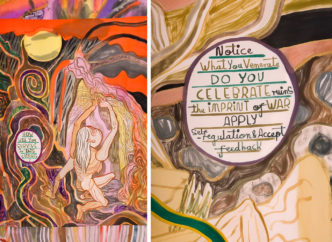 Left: Emma Talbot dettaglio di / detail from Volcanic Landscape (Detail), 2022, acrylic on silk, Courtesy the artist, Photo: Carlo Vannini Right: Emma Talbot, Ruin s(Detail), 2022, acrylic on silk, Courtesy the artist, Photo: Carlo Vannini