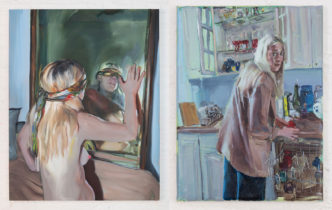 Photo Left: Jenna Gribbon, In bed with a mirror, 2022, oil on linen, 122 x 96,5 cm, Courtesy of the artist and MASSIMODECARLO. Right: Jenna Gribbon, Unloading glance, 2022, oil on linen, 30,5 x 22,9 cm, Courtesy of the artist and MASSIMODECARLO