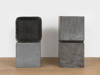 Günther Uecker, Kubuskubus, 1967, Nails, metal, and wood in two parts, Each part: 47 1/4 x 23 5/8 x 23 5/8 inches (120 x 60 x 60 cm), © Günther Uecker, © Artists Rights Society (ARS), New York / VG Bild-Kunst, Bonn, Courtesy the artist and LGDR Gallery