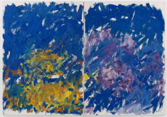 Joan Mitchell, Row Row, 1982, Oil on canvas in two (2) parts, 110 1/4 x 157 7/8 inches (280 x 401 cm). Collection of the Joan Mitchell Foundation