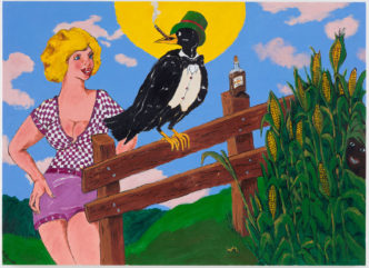 Robert Colescott, Old Crow on the Fence, 1978. Acrylic on canvas; 48 x 66 in (121.92 x 167.64 cm). Private Collection. © The Robert H. Colescott Separate Property Trust / Artists Rights Society (ARS), New York. Courtesy Venus Over Manhattan, New York