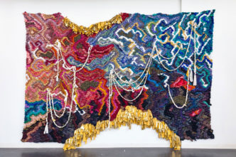 Suchitra Mattai, An Ocean Cradle, 2022, Vintage saris, fabric, and ghungroo bells, 10 × 15 ft. (3 × 4.6 m), Courtesy of the artist and Kavi Gupta, Photo: Wes Magyar