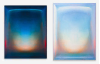 Left: Gioele Amaro, Breakfast At Dawn, 2022, Ink and varnish on canvas, 130 x 97 cm, 51 1/2 x 38 1/2 in, © Gioele Amaro, Courtesy of the Artist and Almine Rech. Right: Gioele Amaro, DawnDown | GAM0011 (artwork), 2021, Ink and varnish on canvas, 130 x 97 cm, 51 1/4 x 38 1/4 in, © Gioele Amaro, Courtesy of the Artist and Almine Rech