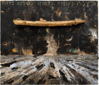 Anselm Kiefer, Thou didst blow with thy wind, the sea covered them: they sank as lead, 2020, Emulsion, oil, acrylic, shellac, gold leaf, metal, and straw on canvas, 27 feet 6 ¾ inches × 31 feet 2 inches (8.4 × 9.5 m), © Anselm Kiefer, Photo: Georges Poncet, Courtesy the artist and Gagosian