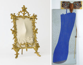 Left: Meret Oppenheim, Miss Gardenia, 1962. Plaster in metal frame with metallic paint, 11 × 6 ¼ × 2 in. (28 × 16 × 5 cm). San Francisco Museum of Modern Art. Helen Crocker Russell Memorial Fund purchase. © Artists Rights Society (ARS), New York / Pro Litteris, Zurich Right: Meret Oppenheim, Hm-hm, 1969. Acrylic on canvas; oil and gold leaf on wood; bark; and carved wood, 6 ft. 6 ¼ in. x 37 3/8 x 3 9/16 in. (200 x 95 x 9 cm). Private collection, Bern. © Artists Rights Society (ARS), New York / Pro Litteris, Zurich