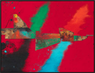 Sterling Ruby, TURBINE. EXIT NEXT., 2022, Acrylic, oil, and cardboard on canvas, 96 × 126 inches (243.8 × 320 cm), © Sterling Ruby. Photo: Robert Wedemeyer, courtesy the artist and Gagosian