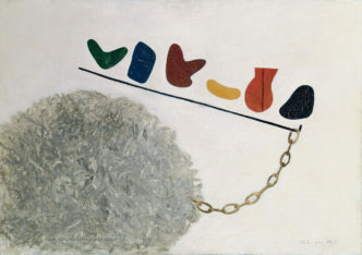 Meret Oppenheim, Quick, Quick, the Most Beautiful Vowel is Voiding (Husch-husch, der schönste Vokal entleert sich), on recto M.E. par M.O./M.E. by M.O., 1934. Oil on canvas, 17 15/16 x 25 5/8 in. (45.5 x 65 cm). Bürgi Collection, Bern. © Artists Rights Society (ARS), New York / Pro Litteris, Zurich