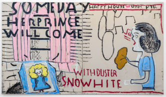 Rose Wylie, Snowwhite (3) with Duster, 2018, Oil on canvas in two (2) parts, Overall: 72 1/4 x 125 7/8 inches 183.5 x 320 cm Photography: Jo Moon Price, © Rose Wylie, Courtesy of Private Collection