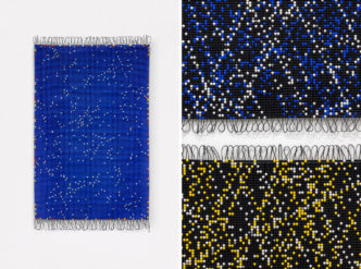 Left: Aldo Grazzi, Loop, plastic beads, 72×47,5 cm, © Aldo Grazzi, Courtesy the artist and Galleria Marignana Arte Right: Aldo Grazzi, Loop (detail), plastic beads, 72×47,5 cm, © Aldo Grazzi, Courtesy the artist and Galleria Marignana Arte