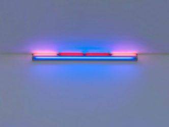 Dan Flavin, untitled, 1976, Pink, red, and blue fluorescent light, 8 ft. (244 cm) wide, Edition of 5, © 2021 Stephen Flavin/Artists Rights Society (ARS), New York, Courtesy David Zwirner Gallery