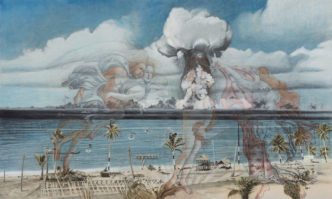 Jim Shaw, No Bikini Atoll, 2022, Oil and acrylic on muslin, 48 × 80 inches (121.9 × 203.2 cm, Artwork © Jim Shaw. Photo: Jeff McLane, Courtesy the artist and Gagosian