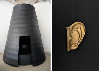 Photo Left: Marcus Maeder, Espirito da floresta/Forest spirit Florest, 2017-2020, Photo: Marcus Maeder, 2020, Courtesy the artist/ 2023 ProLitteris, Zurich. Right: Meret Oppenheim, The ear of Giacometti, 1959, Bronze, 1st edition unnumbered/Pastori, 11 x 7.5 x 1.5 cm, Private collection, © 2023 ProLitteris, Zurich; photo: Flavia Kaner