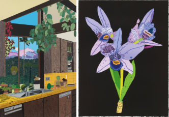 Left: Jonas Wood, Kitchen Interior, 2022, 112-color screen print on Rising museum board, 48 ¼ × 31 ½ inches (122.6 × 80 cm), edition of 60 + 14 AP, © Jonas Wood, Courtesy the artist and Gagosian. Right: Jonas Wood, Dog-Faced Purple Orchid, 2022 41-color lithograph on white Rives BFK paper, 31 ¼ × 24 inches (79.4 × 61 cm), edition 1 of 40, © Jonas Wood, Courtesy the artist and Gagosian