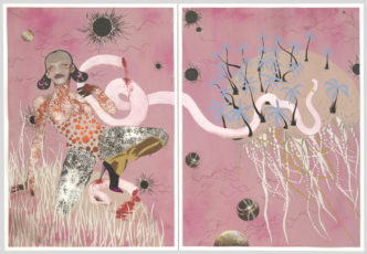 Wangechi Mutu, Yo Mama, 2003. Ink, mica flakes, acrylic, pressure-sensitive film, cut-and-pasted printed paper, and painted paper on paper, diptych, overall 59 1/8 × 85 in (150.2 × 215.9 cm). The Museum of Modern Art, New York. The Judith Rothschild Foundation Contemporary Drawings Collection Gift, 2005. Courtesy the artist and Vielmetter Los Angeles. Photo: Robert Edemeyer