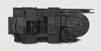 Louise Nevelson, Moon Phases-Day, Executed in 1969-1980, wood construction, painted black, 36 x 86 x 9 in. (91.4 x 218.4 x 22.9 cm.), © 2023 Estate of Louise Nevelson / Artists Rights Society (ARS), New York, Courtesy Estate of Louise Nevelson and Pace Gallery