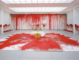 Hermann Nitsch, 20th painting action, 18.2.1987, Secession, Vienna, © Hermann Nitsch Foundation, Courtesy Hermann Nitsch Foundation and Pace Gallery