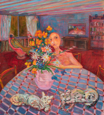 Andriu Deplazes, Körper mit Katzen und Blumen am Tisch (Body with cats and flowers on the table), 2022, oil on canvas, 90 x 80 cm, Courtesy of the artist and Galerie Peter Kilchmann, Zurich, Photo: David Giancatarina