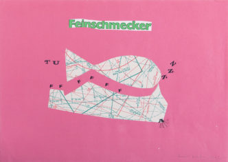 Katalin Ladik, Feinschmecker, 1975, collage on paper, 24h x 34w cm, Courtesy of the artist and acb Gallery