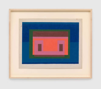 Josef Albers, Variant/Adobe, 1947, Oil on blotting paper, 19 1/2 x 24 1/4 inches (49.5 x 61.6 cm), Framed: 24 5/8 x 30 1/4 inches (62.5 x 76.8 cm), Initialed, dated, and inscribed recto, ©The Josef and Anni Albers Foundation, Courtesy The Josef and Anni Albers Foundation and David Zwirner Gallery