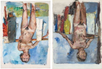 Georg Baselitz, Finger Painting – Female Nude, 1972, Oil on canvas, 250 × 180 cm, Louisiana Museum of Modern Art. Donation: Georg Baselitz © Georg Baselitz 2023, Louisiana Museum of Modern Art, photo: Finn Brøndum. Right: Georg Baselitz, Finger Painting – Nude, 1972, Oil on canvas, 250 × 180 cm, Private collection, © Georg Baselitz 2023, photo: Jochen Littkemann, Berlin