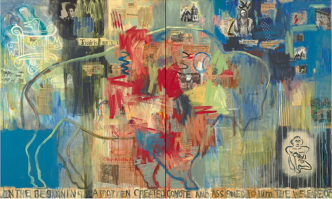 Jaune Quick-to-See Smith, Genesis, 1993. Oil, paper, newspaper, fabric, and charcoal on canvas, two panels: 60 × 100 in. (152.4 × 254 cm) overall. High Museum of Art, Atlanta; purchase with funds provided by AT&T NEW ART/NEW VISIONS and with funds from Alfred Austell Thornton in memory of Leila Austell Thornton and Albert Edward Thornton, Sr., and Sarah Miller Venable and William Hoyt Venable. © Jaune Quick-to-See Smith. Photograph courtesy the artist and Garth Greenan Gallery, New York